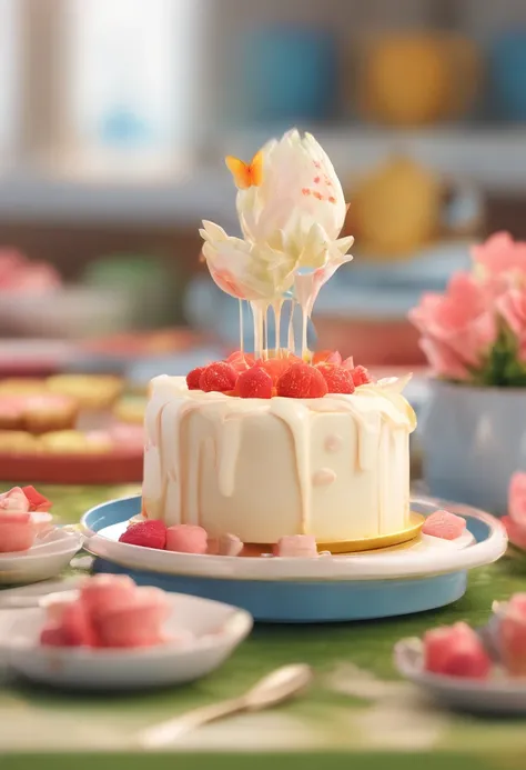 （Xiaoice close-up of the cream melting in the cup）， (Blue cup：1.37），（The little cake is melting：1.37，），(Flowers and butterflies in the cake），Illustration element，