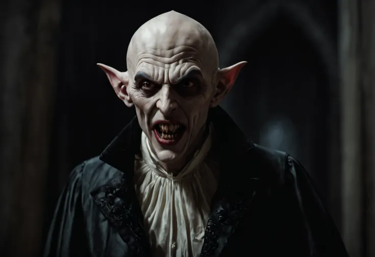 RAW photo, best, masterpiece, best quality, high quality, extremely detailed (scary male Nosferatu vampire lord: 1.3), elder vampire, long fangs, pale skin, best quality, cinematic lighting, sharp focus, photo-realistic, ultra-realistic, 8k