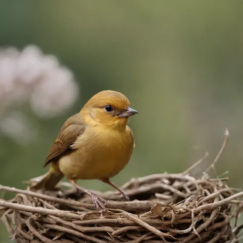 "Cute golden bird animated image in Disney movie style，Wearing a cute hood，Presents extremely detailed pictures，Depth inspection shows 8K quality。" There is a bird，A birds nest，The nest contains seven eggs