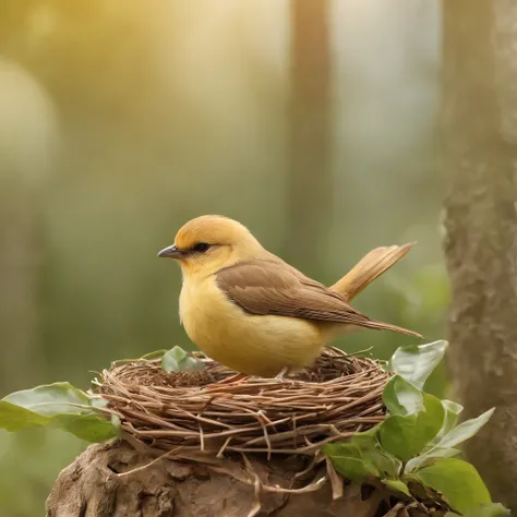 "Cute golden bird animated image in Disney movie style，Wearing a cute hood，Presents extremely detailed pictures，Depth inspection shows 8K quality。" There is a bird，A birds nest，The nest contains seven eggs