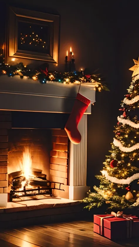 Christmas stockings hung on the fireplace，There are turkeys on the ground