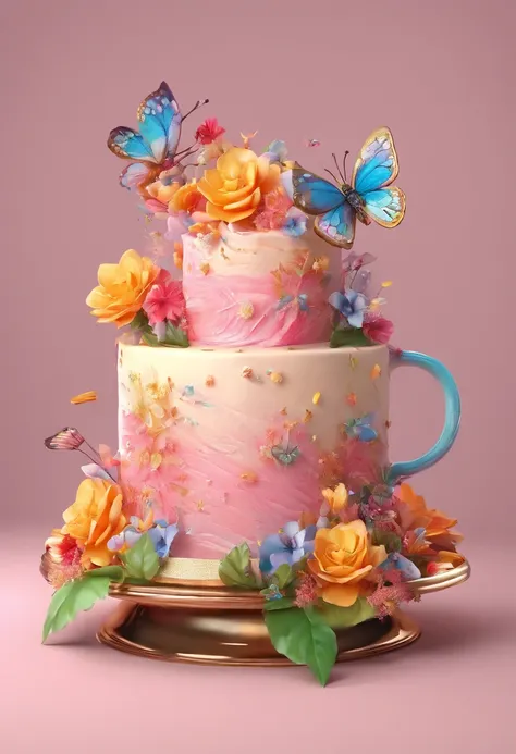 （Close-up of cake in cup），Flowers and butterflies blend in the cake，The cup blends perfectly with the cake，Illustration element，