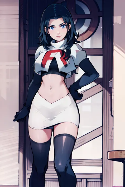 fembyleth, team rocket,team rocket uniform, red letter R, white skirt,white crop top,black thigh-highs,black elbow gloves, gentle smile, hands behind back