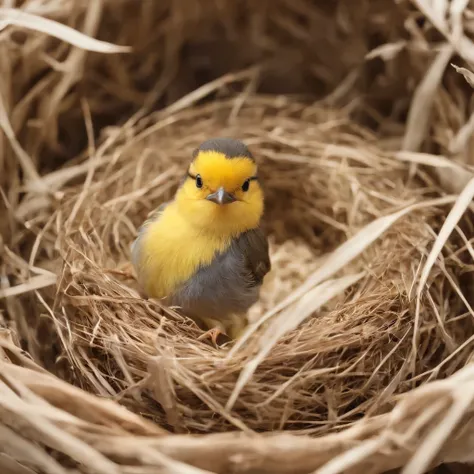 Cute golden bird animated image in Disney movie style，Presents extremely detailed pictures，Depth inspection shows 8K quality。There is a bird in the picture，A birds nest，The nest contains seven eggs