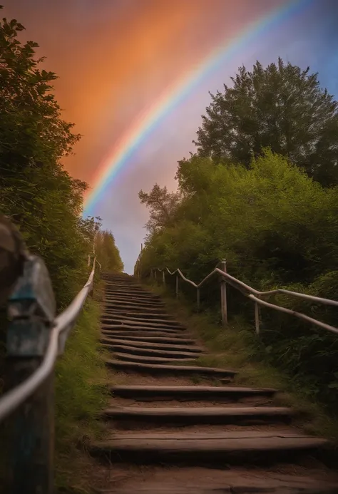 Close-up of the stairs leading to the rainbow sky, stairway to heaven, A very colorful heaven, stairs from hell to heaven, Leading to the Sky, Rainbow clouds, Colors of Heaven, Rainbow Trail, Colorful sky, Rainbow clouds, Heaven!!!!!!!!, rainbow, Rainbow c...