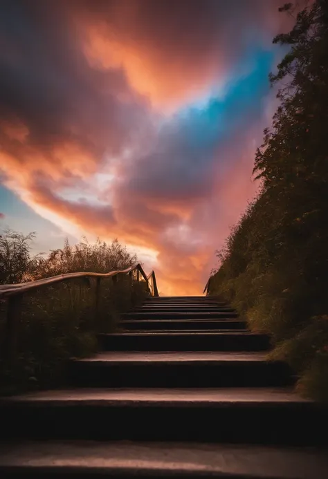 Close-up of the stairs leading to the rainbow sky, stairway to heaven, A very colorful heaven, stairs from hell to heaven, Leading to the Sky, Rainbow clouds, Colors of Heaven, Rainbow Trail, Colorful sky, Rainbow clouds, Heaven!!!!!!!!, rainbow, Rainbow c...