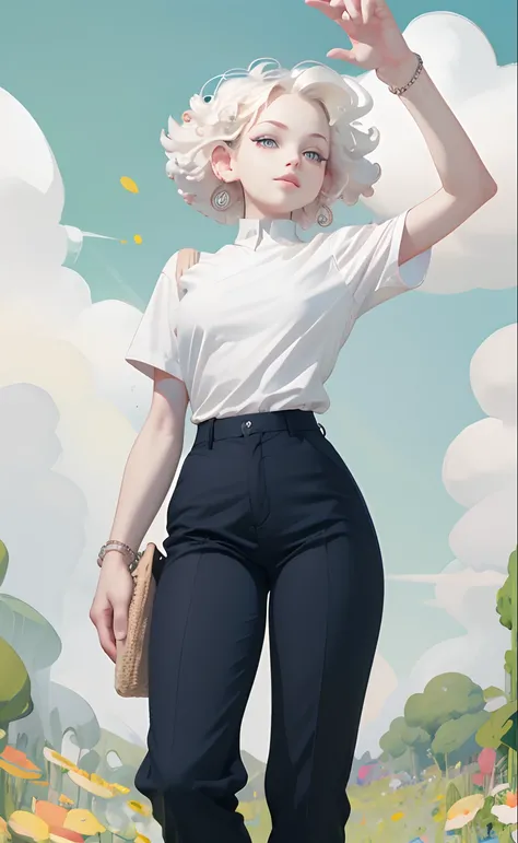 masterpiece, best quality, 1girl, short curly hair, platinum blonde hair, shirt, trousers, fluffy clouds, bright, vibrant, happy