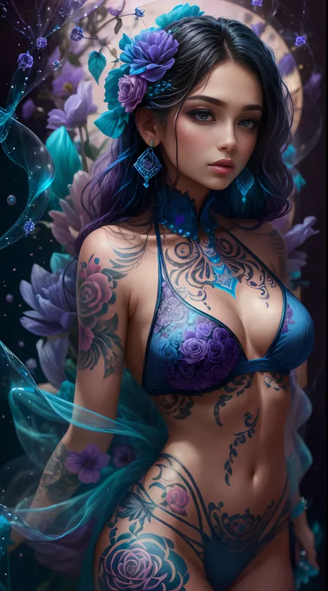 blue: 1.5, violet: 1.1, pink: 1.3, (latina woman), sexy, floral tattoos, (power puffer clothes: 1.2), flowers, crystals, mist, lines, background circles