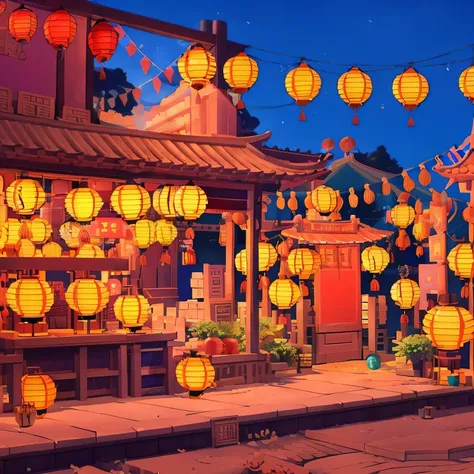 Lanterns hang from the ceiling of Chinese-style buildings, street lanterns glow, background artwork, arte de fundo, evening lanterns, dreamy Chinese towns, Anime background art, Glowing lights! Digital painting, colorful anime movie background, street lant...