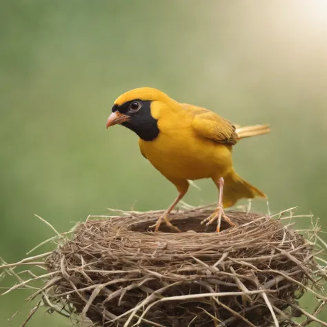 Cute golden bird animated image in Disney movie style，Presents extremely detailed pictures，Depth inspection shows 8K quality。scene：There is a bird that flies towards the nest，The nest contains seven eggs