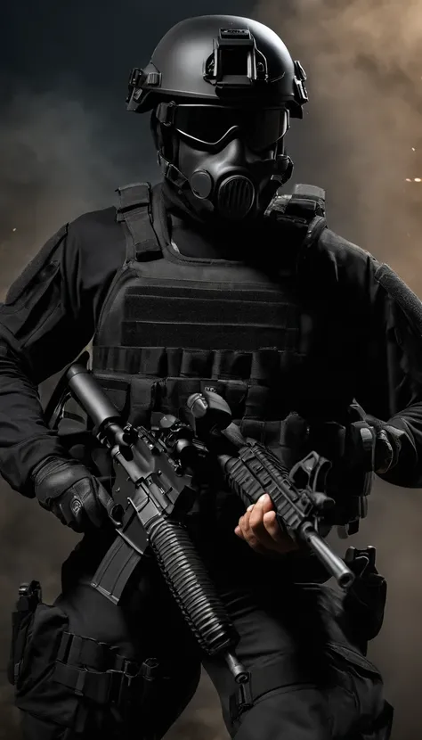 (Best quality,4K,8K,A high resolution,Masterpiece:1.2),Ultra-detailed,(Realistic,Photorealistic,photo-realistic:1.37), One of them was wearing a black SWAT suit，Man in black helmet, A man in a black mask holds a gun, Air rifle CQB, French Special Operation...