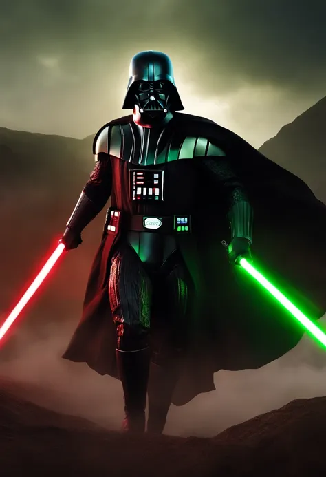 darth vader as a spartan warrior, jumping in the air, a neon green light sabers in hand, the sky is a pale hunter green, dying spartans on the ground , bloody armor, epic, 8k