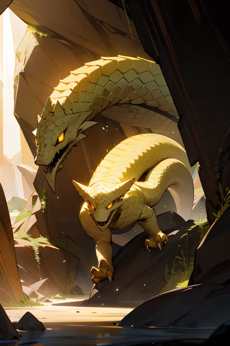 giant white serpent creature with yellow eyes and two arms emerging from a cavern