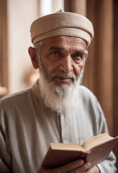 A muslim old man with open eyes looks in the camera with book in hand in a bookroom background