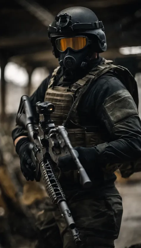 (Best quality,4K,8K,A high resolution,Masterpiece:1.2),Ultra-detailed,(Realistic,Photorealistic,photo-realistic:1.37), One of them was wearing a black SWAT suit，Man in black helmet, A man in a black mask holds a gun, Air rifle CQB, French Special Operation...