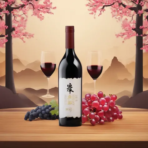 8K,high-definition photography，Bottle of wine on table HD photography，The background is a Chinese folk style background，fotografia do produto，product closeups，Background bokeh