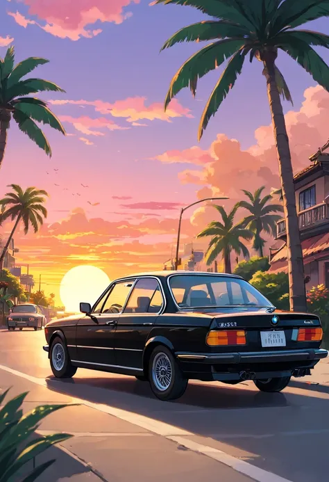 Sticker design, Classic BMW car, Sunset background, Palm trees, 5 colors of layers, Corner Street, Beleq drum, Presean, car in black color