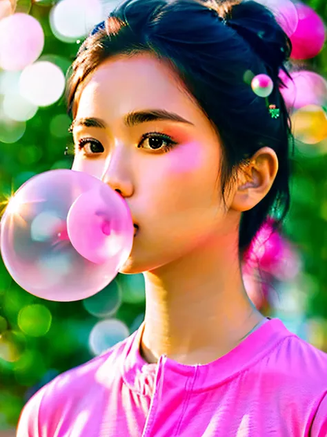 young beautiful woman, blowing bubble gum, pink bubble gum, asian, wearing casual shirt, blow gum, hdr, 8k, sharp focus, highly ...