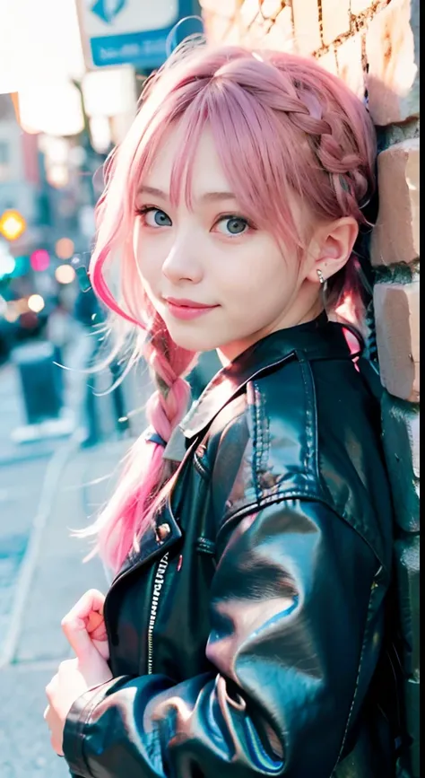 (masutepiece), cute little, (18year old:1.4), Solo, 1 woman, (Charming punk girl), Blue eyes,faces、(A smile:1.5),Playing guitar, (Front face),  (Leather jackets and tattoos), (Band T-shirt), (Ripped jeans), ((Urban alley background)), (up close shot), Beau...