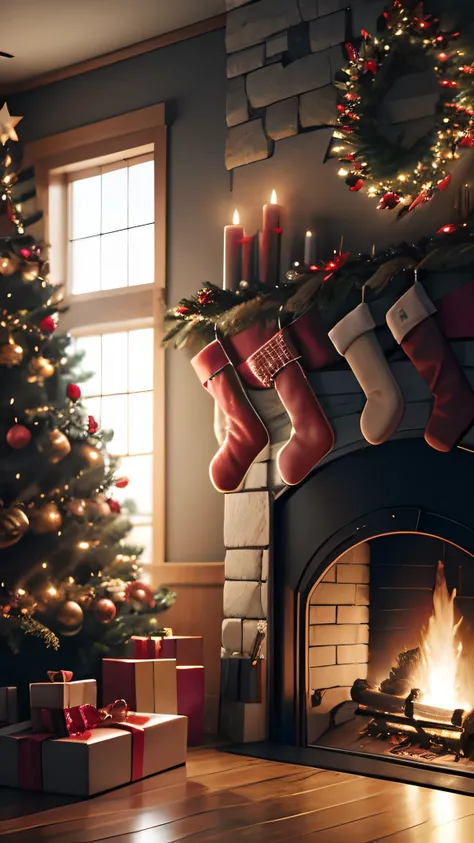 turkey，Christmas，Christmas stockings hanging on the fireplace，Gifts，Christmas tree，tmasterpiece，hyper HD，8K，Octane rendering，Cinematic texture，