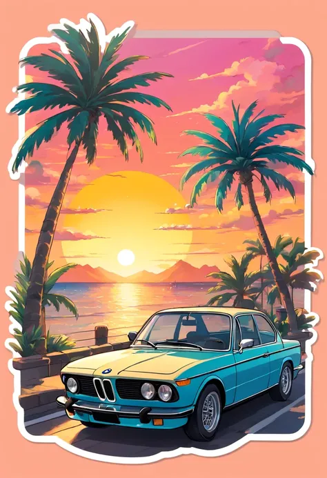 ((Sticker design)), Classic BMW car, Sunset background, Palm trees, 5 colors of layers, Corner Street, Beleq drum, Presean, car in black color