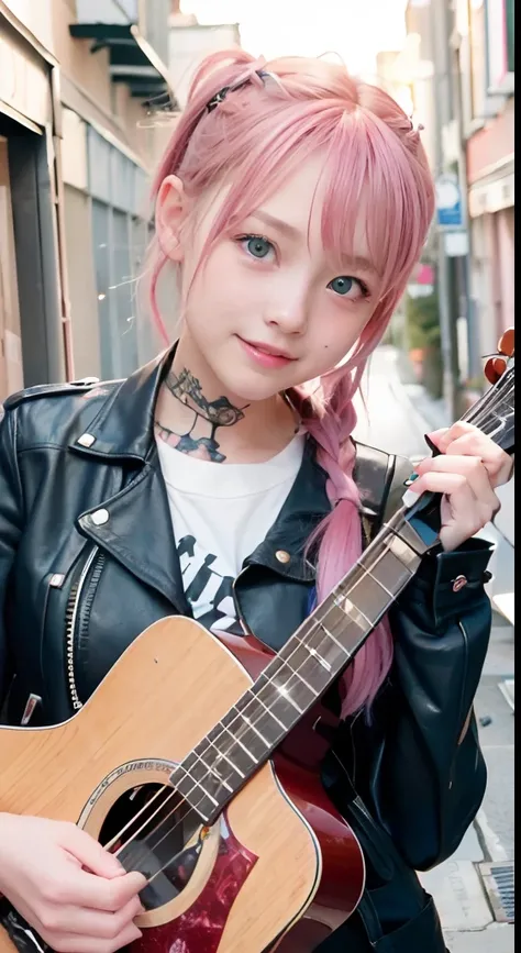 (masutepiece), cute little, (sixteen years old:1.4), Solo, 1 woman, (Charming punk girl), Blue eyes,faces、(A smile:1.5),Playing guitar, (Front face),  (Leather jackets and tattoos), (Band T-shirt), (Ripped jeans), ((Urban alley background)), (up close shot...