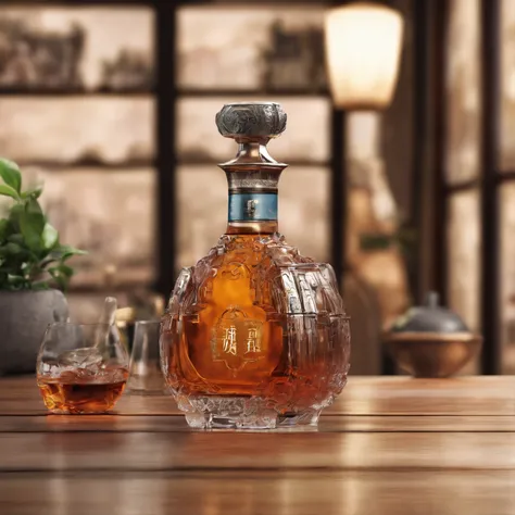 8K,high-definition photography，A bottle of liquor on the table for HD photography，The background is a Chinese furniture background，fotografia do produto，product closeups，Background bokeh