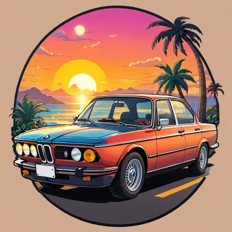 ((Sticker design)), Classic BMW car, Sunset background, Palm trees, 5 colors of layers, Corner Street, Beleq drum, Presean, car in black color