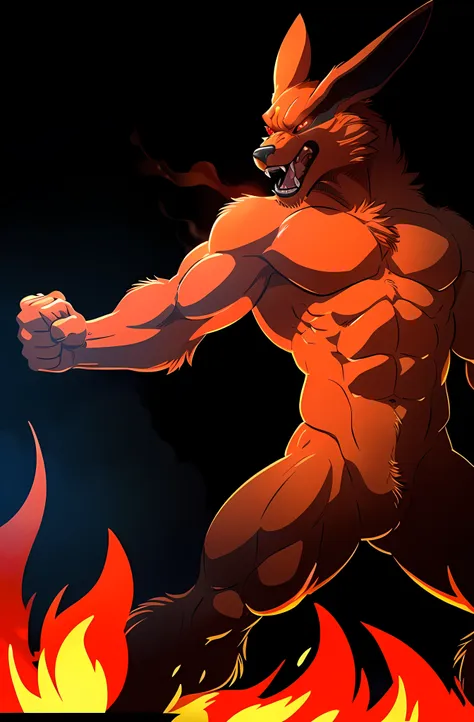 kurama, 4k, high resolution, best quality, posted on e621, solo, anthro body, male, adult, very masculine, (very muscular, heavy...