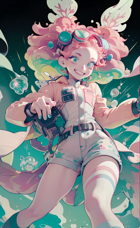 (Masterpiece, Best quality, A high resolution, Ultra detailed:1.2), (Solo, 1girll, Cowboy shot), Dokumiku, double tails, mitts, goggles on head, multicolored hair, Pink eyelashes, Purple eyes, Green jacket, Break, grin, teeth, (Dynamic pose, crazy, Mad sci...