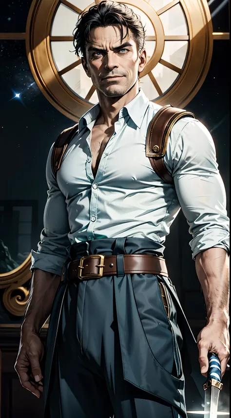 An elderly man with short dark blue hair, a fierce gaze, a wild toothy grin, a fantasy-style outfit of leather armor and a white shirt, a white chest armor with dark blue stripes on the edges, he holds a phantom dagger, dagger emitting a faintly green glow...