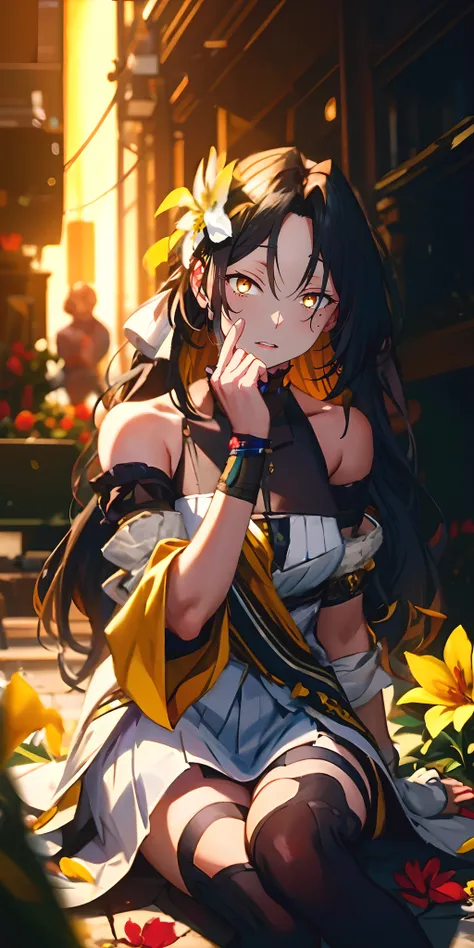 (long hair, black hair:1.5), (yellow eyes:1.5), female focus, bandages, sarashi, bandaged_arm, flower, 1girl, breasts, naked_bandage, white_flower, budget_sarashi, bandaged_hands, arm_wrap, looking_at_viewer, solo, large_breasts, hair_flower, lily_(flower)...