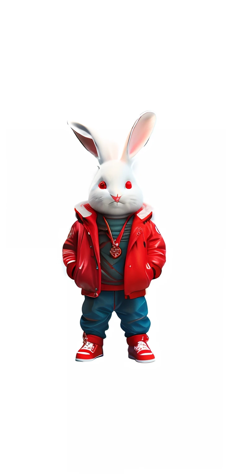 There was a white rabbit in a red jacket and red jeans standing, electrixbunny, 3D figurine plastic effect texture,Plastic metallic feel