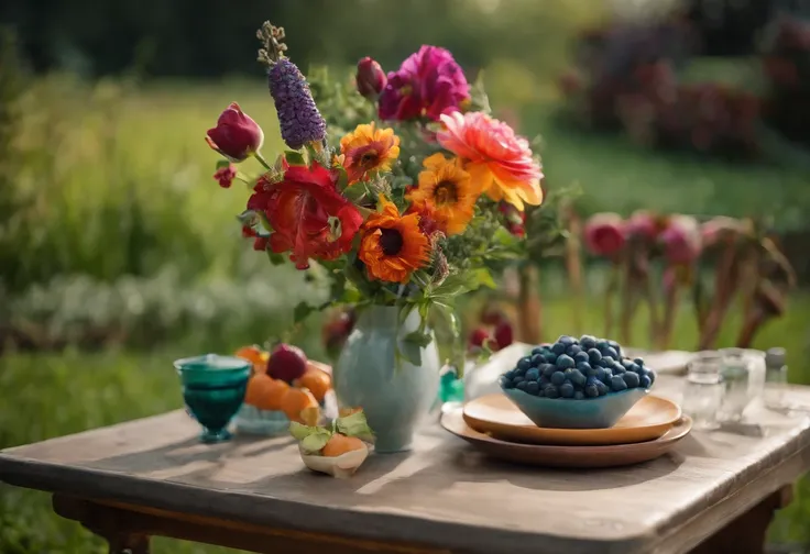 create high image quality. A vase of colorful flowers, placed on a white table, with colorful fruit next to it, surrounded by a garden of green flowers and grass, with a blue sky, on the horizon is a mountain range with a river along the river.