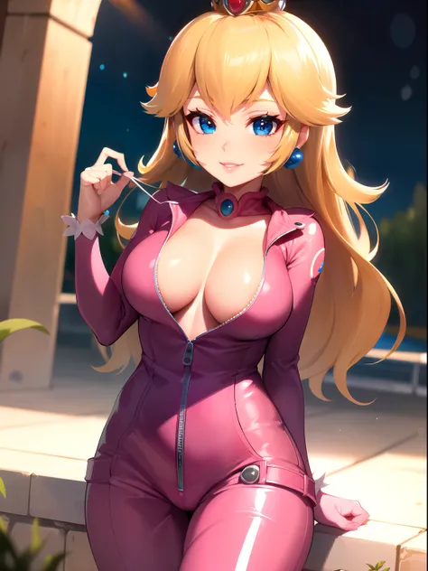 highres, masterpiece, perfect ligthing, bloom, cinematic lighting, adult, perfect skin, female, looking at viewer, portrait, cowboy shot, cleavage, smile, :), narrow waist, skinny, (PrincessPeach), (Princess Peach), (Jumpsuit:1.5), Racing suit, detailled e...