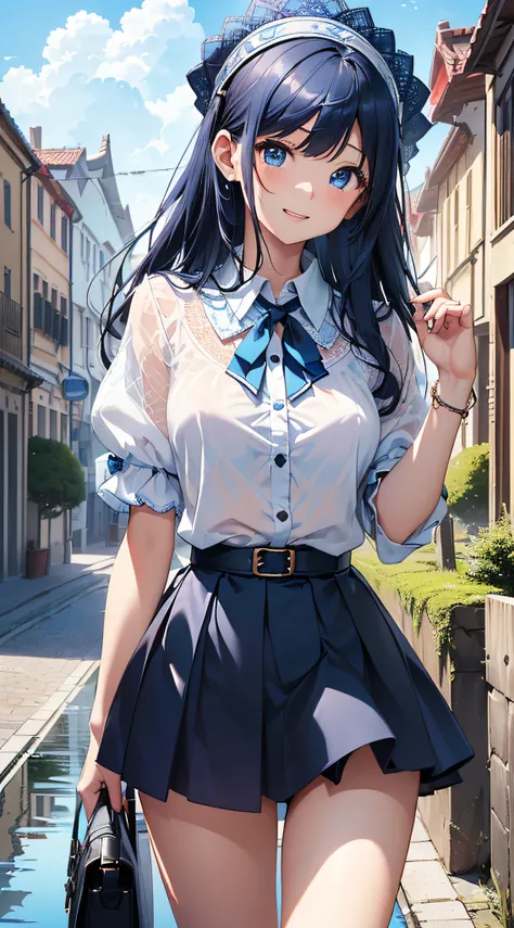 top-quality、Top image quality、​masterpiece、girl with((cute little、sixteen years old、Best Bust、Medium bust、Bust 85,Beautiful blue eyes、Breasts wide open,Long Black Hair、A slender、Blue hair mesh、Y-shirt with white collar open to the second button、Blue short ...