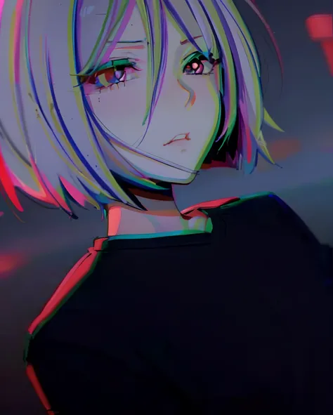 girl with a short grey hair and a black shirt, anime vibes, ufotable art style, in an anime style, in anime style, anime style mixed with fujifilm, anime styled, sad, a woman like reol, semirealistic anime style, anime styled 3d, anime aesthetic