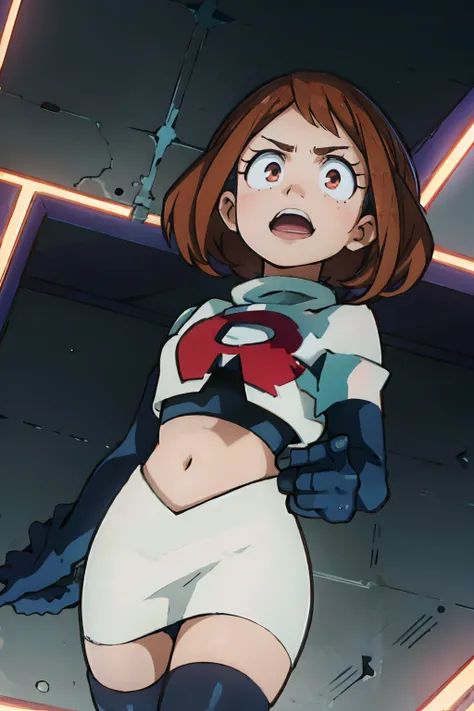 ochaco_uraraka, team rocket,team rocket uniform, red letter R, white skirt,white crop top,black thigh-highs,black elbow gloves, evil laugh, floating up in the air, blue clouded sky background, looking down on viewer,