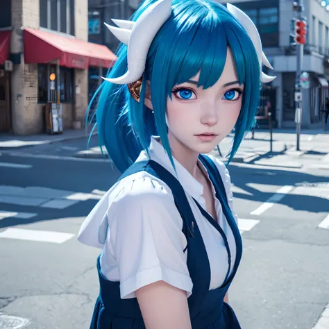 Anime girl with blue hair and horns on the street, 3D Realistic Anime, 2. 5 d cgi anime fantasy artwork, anime style 3D, Anime style. 8K, 4K Anime Style, Realistic anime in 3D style, deviantart artstation cgscosiety, digital anime art, Gwise Style Art Art,...