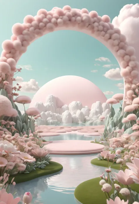 Pale pink flowers surrounded by clouds and ponds, With surreal 3D landscape style, Oval entrance, Pastel color landscape, Rendered in movie 4D, Mobile and organic, pastoral, Surreal elements ，in the style of rendered in cinema4d, minimalist stage designs, ...