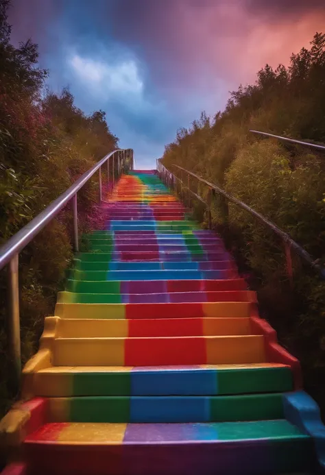 Close-up of the stairs leading to the rainbow sky, stairway to heaven, A very colorful heaven, stairs from hell to heaven, Leading to the Sky, Rainbow clouds, Colors of Heaven, Rainbow Trail, Colorful sky, Rainbow clouds, Heaven!!!!!!!!, rainbow, Rainbow c...