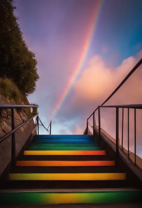 Close-up of the stairs leading to the rainbow sky, stairway to heaven, A very colorful heaven, stairs from hell to heaven, Leading to the Sky, Rainbow clouds, Colors of Heaven, Rainbow Trail, Colorful sky, Rainbow clouds, Heaven!!!!!!!!, rainbow, Rainbow c...