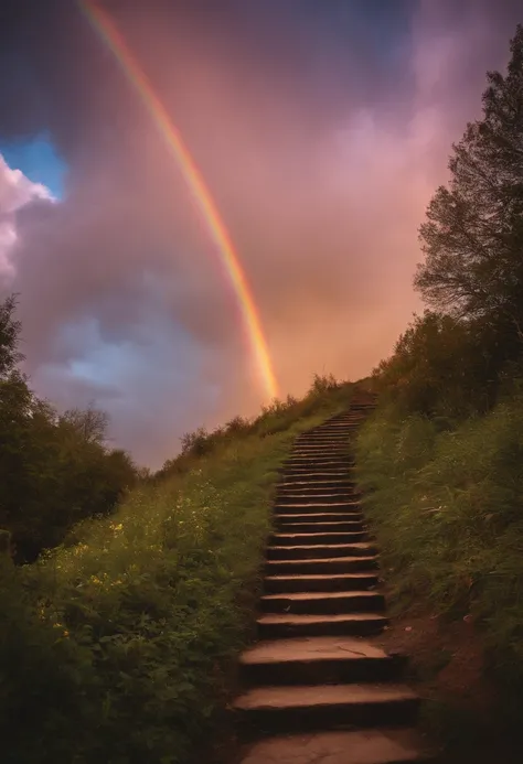 Close-up of the stairs leading to the rainbow sky, stairway to heaven, A very colorful heaven, stairs from hell to heaven, Leading to the Sky, Rainbow clouds, Colors of Heaven, Rainbow Trail, Colorful sky, Rainbow clouds, Heaven!!!!!!!!, rainbow, Rainbow c...