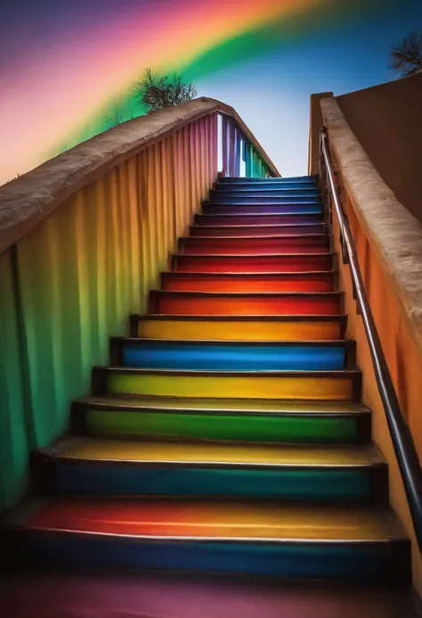 Close-up of the stairs leading to the rainbow sky, stairway to heaven, A very colorful heaven, stairs from hell to heaven, Leading to the Sky, Rainbow clouds, Colors of Heaven, Rainbow Trail, Colorful sky, Rainbow clouds, Heaven!!!!!!!!, rainbow, Rainbow c...