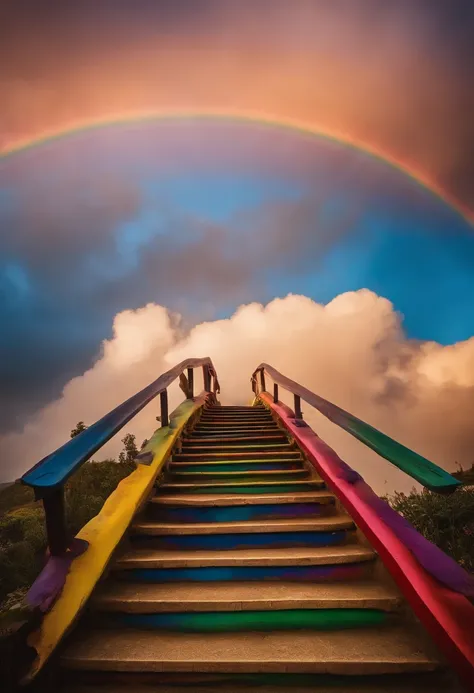 Close-up of the stairs leading to the rainbow sky, stairway to heaven, A very colorful heaven, stairs from hell to heaven, Leading to the Sky, Rainbow clouds, Colors of Heaven, Rainbow Trail, Colorful sky, Rainbow clouds, Heaven!!!!!!!!, rainbow, Rainbow c...