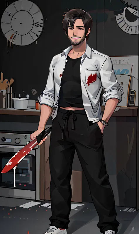 masterpiece, best quality, a high resolution, 8k, 4k, offcial art, of a guy，white  shirt， black sweatpants， holding a kitchen kn...