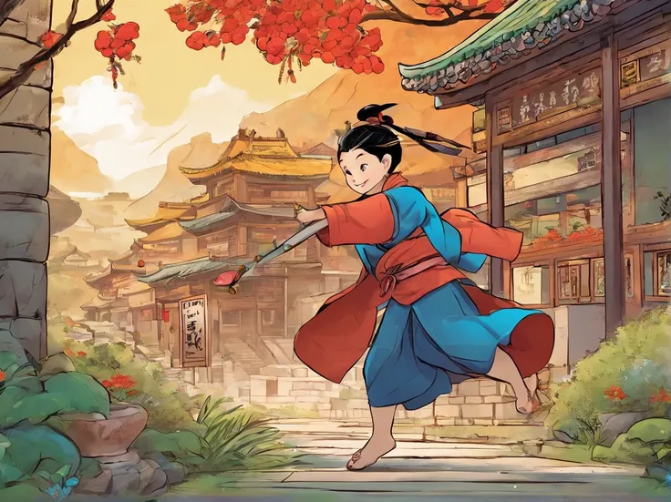 Chinese style comics, The comic story is presented in multiple rectangular colored panels. The picture shows a Zhuang village，A cute boy running and playing in the village。The boys hear scenes of old people discussing problems together，The boy decides to e...