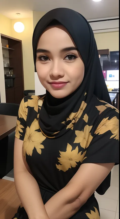 Malay girl with black hijab standing in hipster cafe, happy, smiling, nighttime, wearing yellow Floral Ruched Strapless dress, white nike sneakers,  professional lighting, blur background, cool ambient, bokeh, small breast, small waist, small head, skin sp...