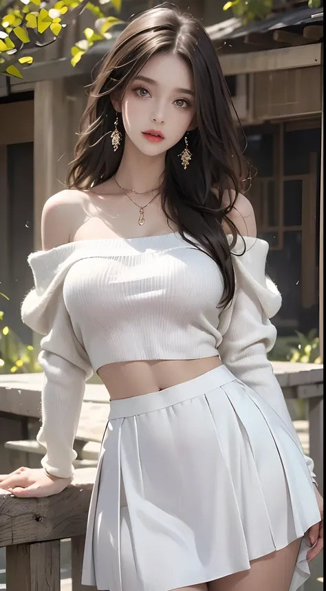 Off-shoulder knitwear、White skirt、nffsw,best qualtiy:1.4, Photorealista:1.4, Skin Texture:1.4, ​masterpiece:1.8, 1 Women, hips up high, beautidful eyes, The long-haired, Ringed Eyes, large full breasts