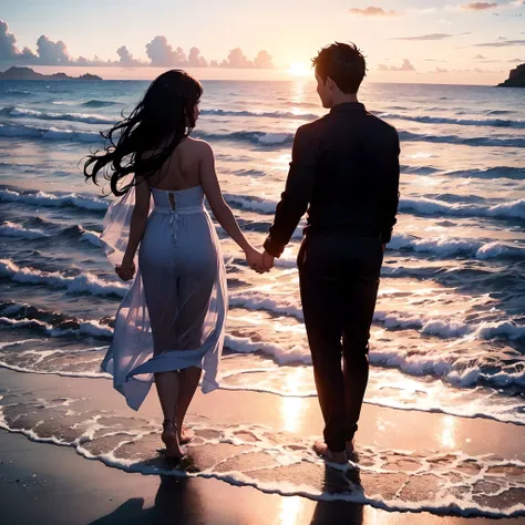 Silhouette of a sexy couples holding hands and ooking towards the beautiful open sea in the afternoon, beautiful sea with the waves, beautiful sky and clouds, romantice scene, 8k, printable